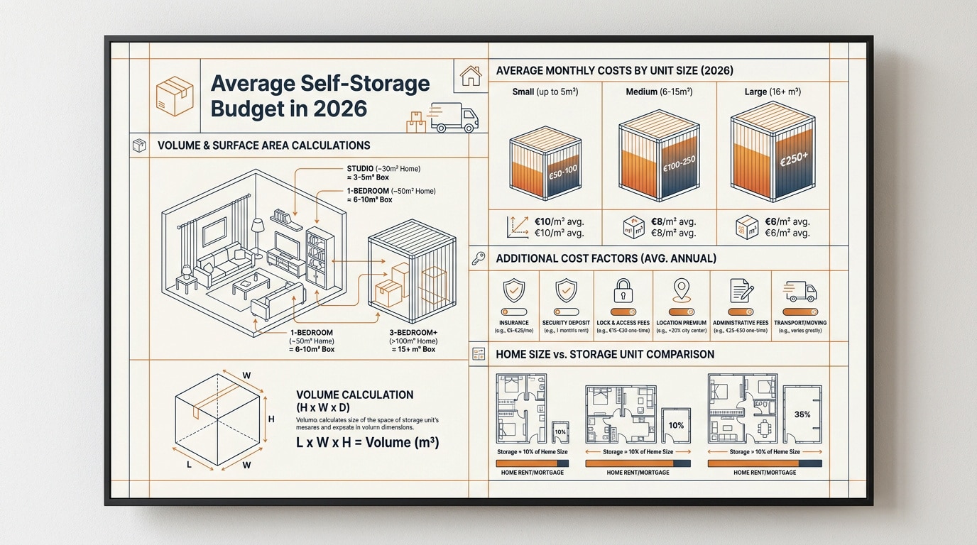 Graphique des tarifs moyens de garde-meubles par surface en 2026