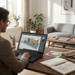Un designer travaillant sur un projet d'architecture d'intérieur sur son ordinateur portable dans un bureau moderne.