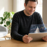 Un homme souriant consulte des données sur une tablette numérique avec une interface holographique.