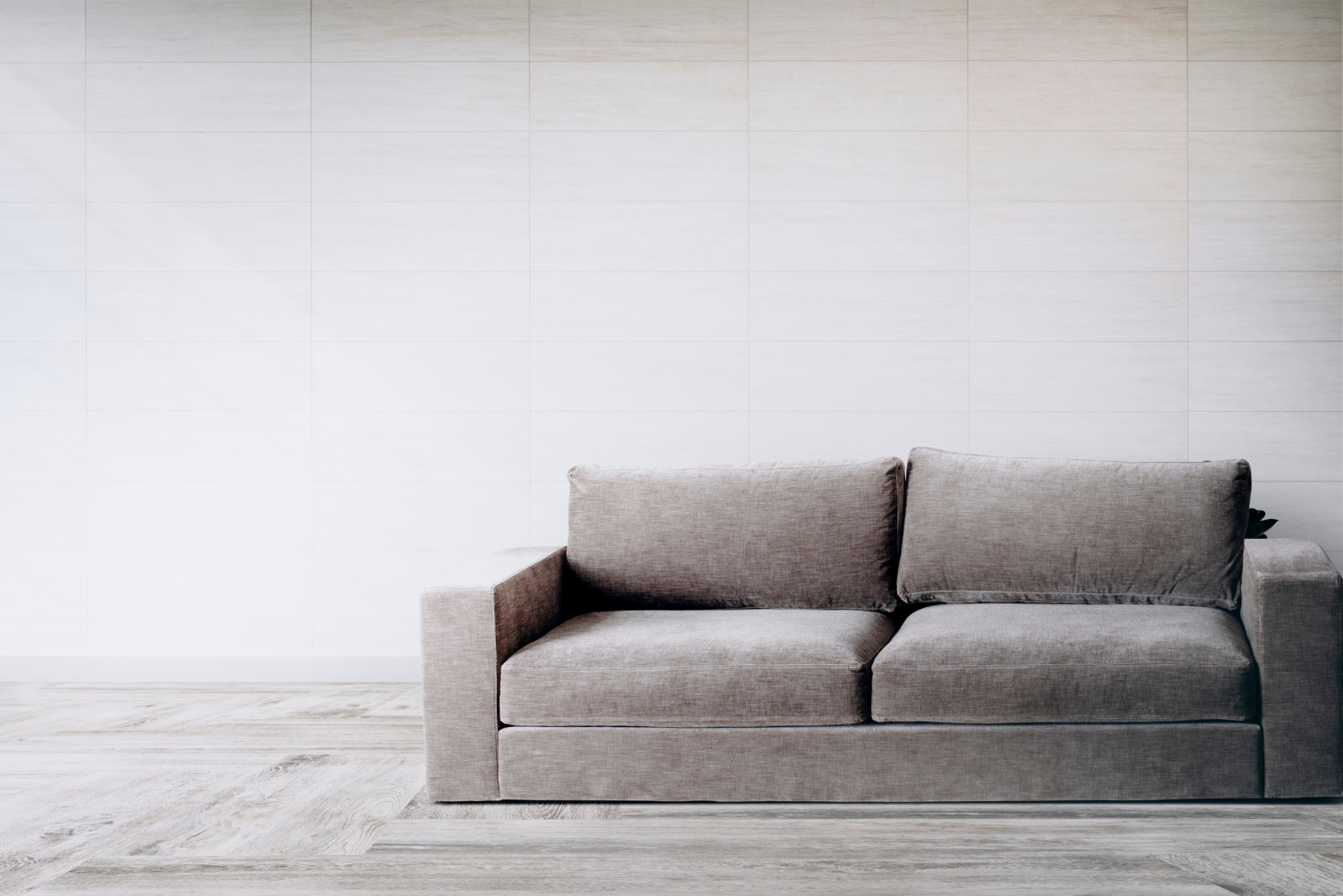 Un canapé gris est installé devant un mur gris.