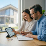 Un couple heureux regarde le plan d'une maison sur une tablette numérique près d'une fenêtre.