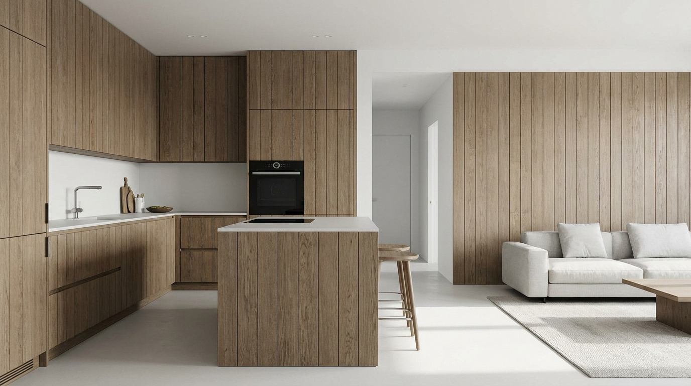 Cuisine ouverte sur séjour avec finitions en bois clair style scandinave