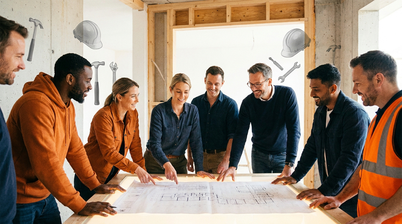 Équipe d'architectes et experts du bâtiment collaborant sur les plans techniques d'un projet de rénovation