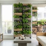 Un salon lumineux avec un grand mur végétal modulaire rempli de plantes aromatiques et de fleurs.