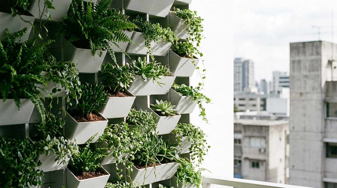 Aménagement d'un jardin vertical moderne sur un balcon urbain avec bacs modulaires
