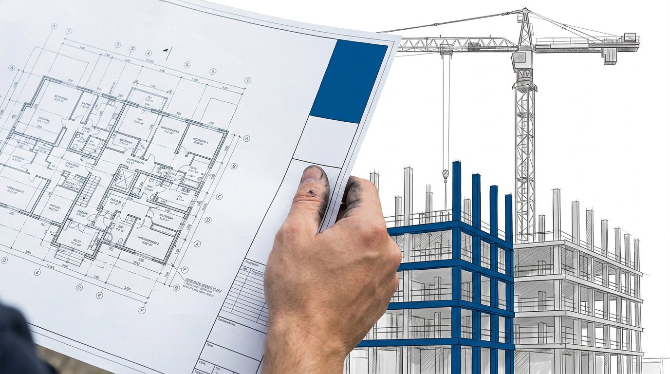 Main tenant un plan d'architecte sur un chantier de rénovation