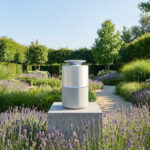 Le piège à moustiques Nomoz, cylindrique et argenté, est posé sur un socle en pierre au milieu d'un jardin fleuri.