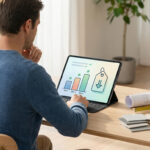 Un homme consulte des graphiques de prix sur une tablette entouré d'outils et de plans de construction.