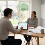 Un professionnel et une cliente examinent un devis chiffré sur une tablette numérique autour d'une table de travail.