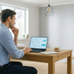 Un homme consulte un plan de maison et des graphiques sur un ordinateur portable dans une pièce en cours de rénovation.