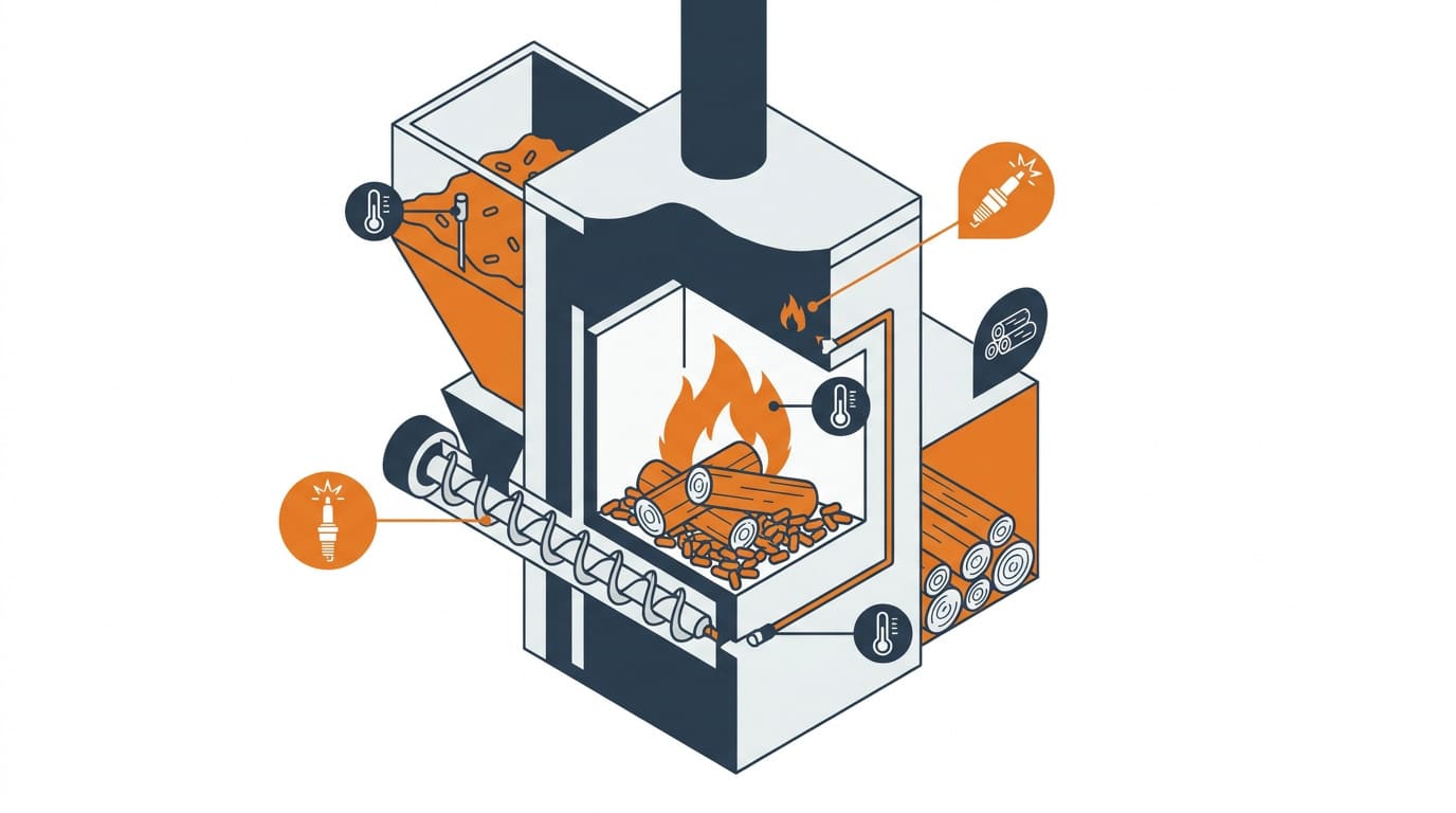 Schéma technique de la chambre de combustion d'un poêle hybride bois et granulés