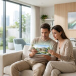 Un couple assis sur un canapé regarde une maison moderne sur une tablette dans un salon lumineux.