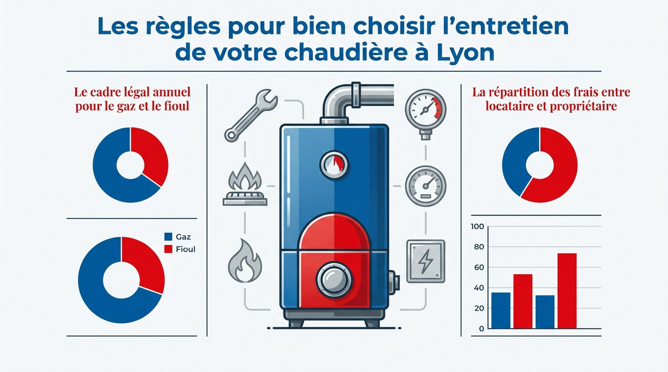 Technicien chauffagiste effectuant l'entretien d'une chaudière murale à gaz à Lyon