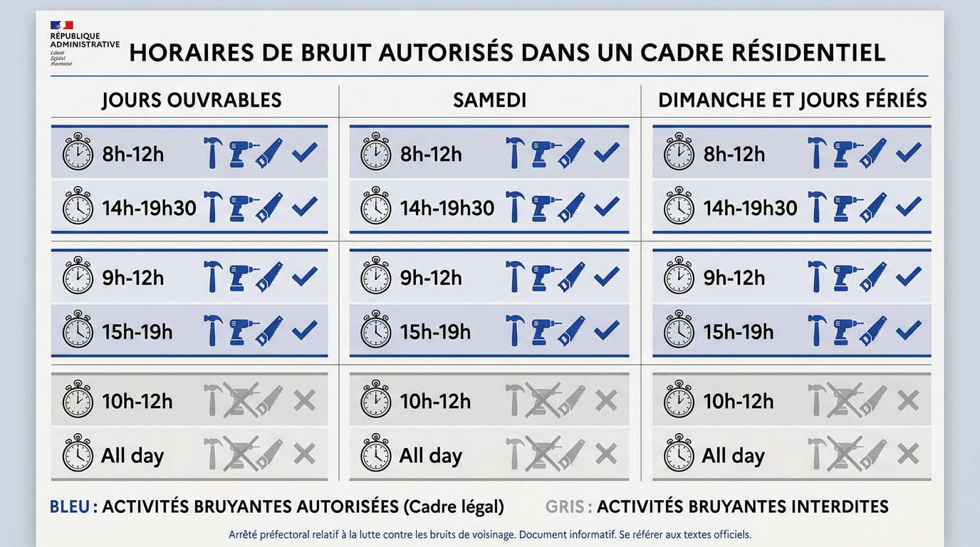 Tableau récapitulatif des horaires autorisés pour les travaux de bricolage et jardinage en semaine et week-end